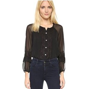 Diane Von Furstenberg Silk Black Lace Trim Sheer Ruffle Blouson Sleeve Blouse